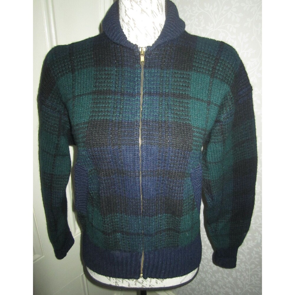 Vtg Ralph Lauren navy blue & green plaid wool zip front sweater, ladies' size S